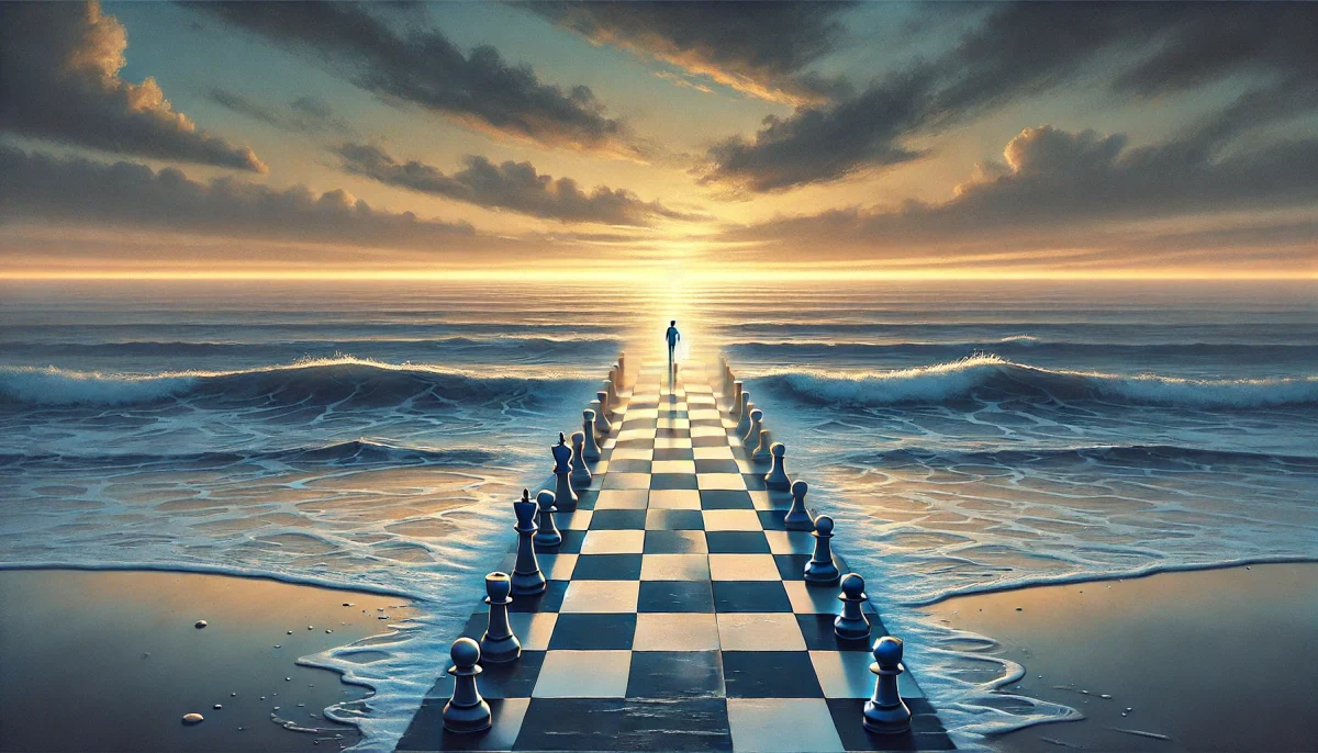 Метафора цугцванга в жизни и отношениях: шахматная доска на берегу моря на рассвете, символизирующая сложные решения, где каждый шаг ухудшает ситуацию
